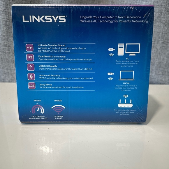 Linksys WUB6300 dual band AC1200. Wireless USB 3.0 adapter. Black color. NWT. - Picture 2 of 2